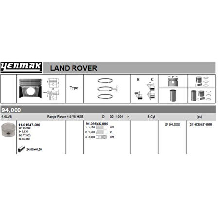 Land Rover Motor Piston+segman Discovery 2 Range Rover 4.0-4.6 V8 Standart (94mm Std) - Yenmak 31-03547-000