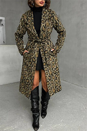 Dipmoda kadın leopar desenli ithal kaşe kaban DPG054