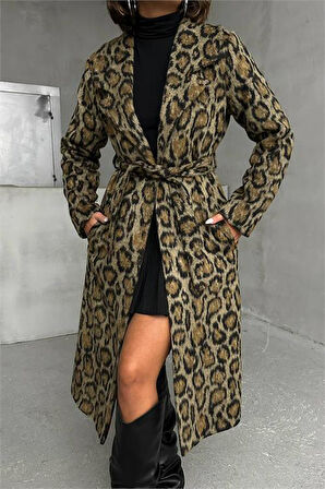 Dipmoda kadın leopar desenli ithal kaşe kaban DPG054