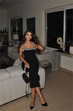 Dipmoda kadın likralı inci elişi detaylı tasarım elbise DPEMP2582