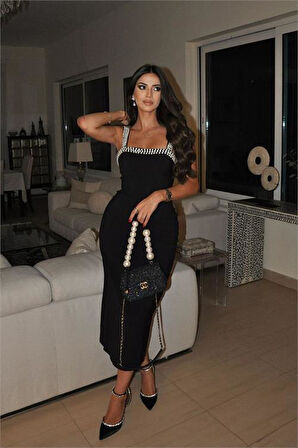 Dipmoda kadın likralı inci elişi detaylı tasarım elbise DPEMP2582