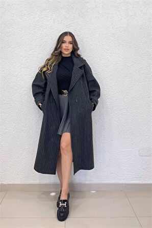 Dipmoda kadın siyah çizgili oversize kaşe kaban DPSHNZ08