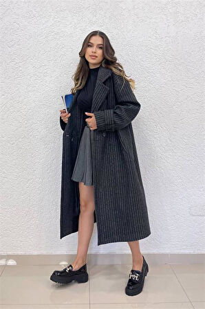 Dipmoda kadın siyah çizgili oversize kaşe kaban DPSHNZ08