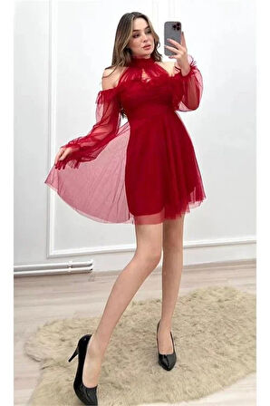 Dipmoda kadın kırmızı tül mini abiye elbise DPSWLL09