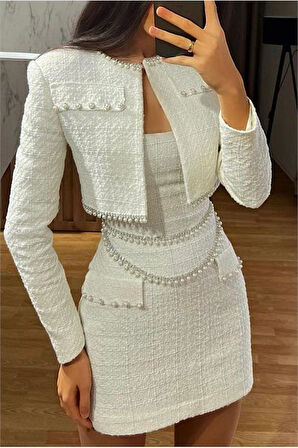 Dipmoda kadın tasarım inci işlemeli crop ceket elbise ikili takım DPEMP2278
