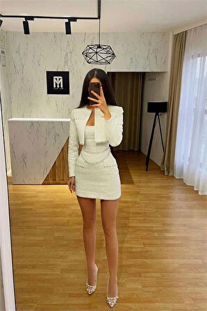 Dipmoda kadın tasarım inci işlemeli crop ceket elbise ikili takım DPEMP2278