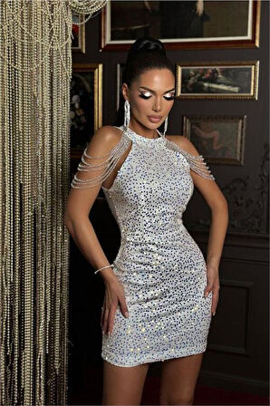 Dipmoda kadın gri taş detaylı abiye elbise DPEMP2119