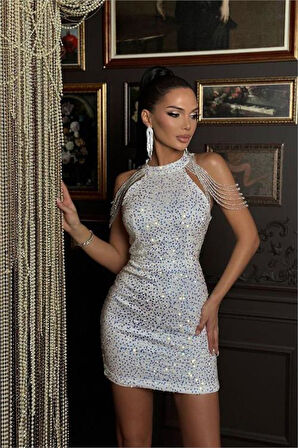 Dipmoda kadın gri taş detaylı abiye elbise DPEMP2119