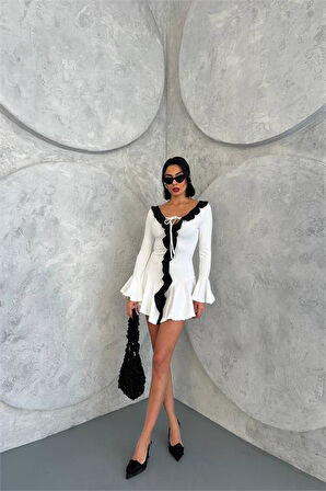 Dipmoda kadın beyaz yaka ve kol detaylı mini elbise DPDF108-1