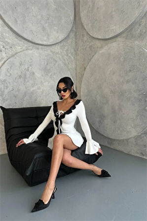 Dipmoda kadın beyaz yaka ve kol detaylı mini elbise DPDF108-1