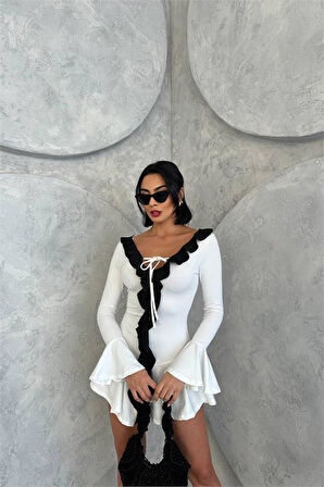 Dipmoda kadın beyaz yaka ve kol detaylı mini elbise DPDF108-1