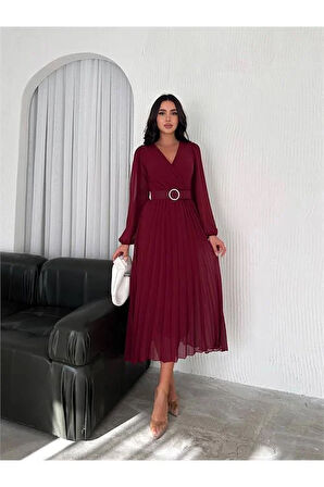 Dipmoda kadın bordo piliseli kemerli şifon elbise DPK3028