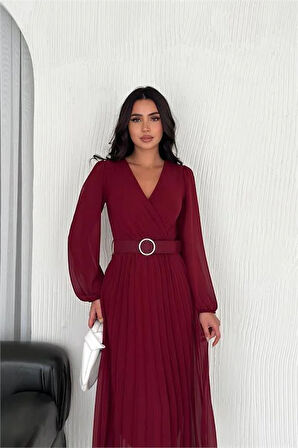 Dipmoda kadın bordo piliseli kemerli şifon elbise DPK3028