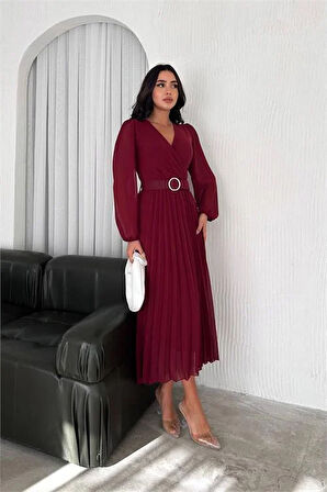 Dipmoda kadın bordo piliseli kemerli şifon elbise DPK3028