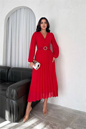 Dipmoda kadın kırmızı piliseli kemerli şifon elbise DPK3028