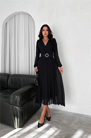 Dipmoda kadın siyah piliseli kemerli şifon elbise DPK3028