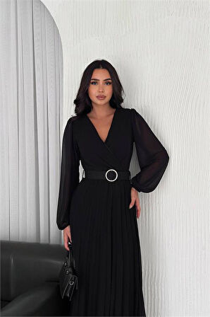 Dipmoda kadın siyah piliseli kemerli şifon elbise DPK3028