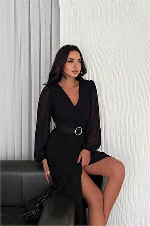 Dipmoda kadın siyah piliseli kemerli şifon elbise DPK3028