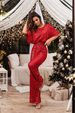 Dipmoda kadın kırmızı kemerli tasarım tulum DPEMP2350