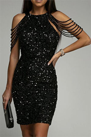 Dipmoda kadın siyah taş detaylı abiye elbise DPEMP2119