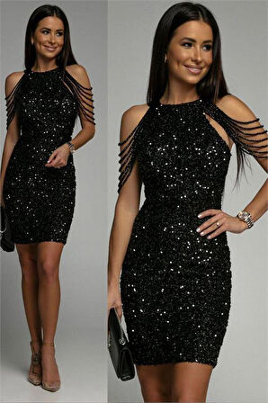 Dipmoda kadın siyah taş detaylı abiye elbise DPEMP2119