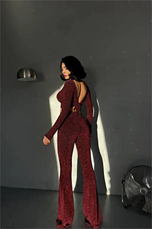 Dipmoda kadın bordo double face simli takım DPDF131