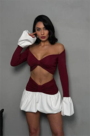 Dipmoda kadın bordo mini boy ikili balon takim DPDF132