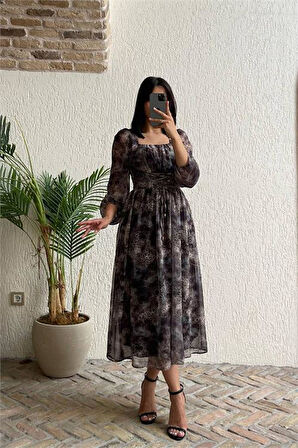 Dipmoda kadın bel detaylı desenli şifon elbise DPMY3596