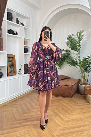 Dipmoda kadın desenli kemer detyalı mini şifon elbise DPMY3585