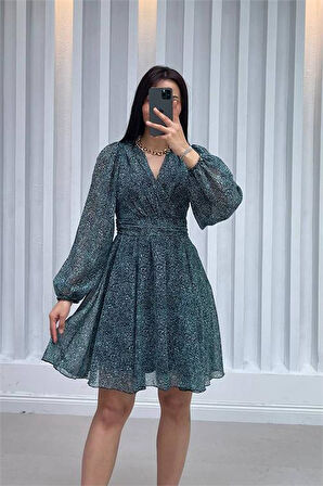 Dipmoda kadın yeşil desenli mini şifon elbise DPMY3391