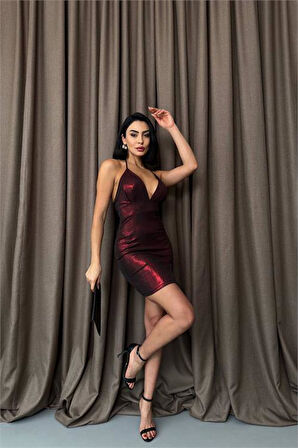Dipmoda kadın halter yaka yırtmaçlı mini elbise DPDF002