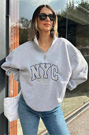 Dipmoda kadın gri içi polar nakışlı sweat DPG033