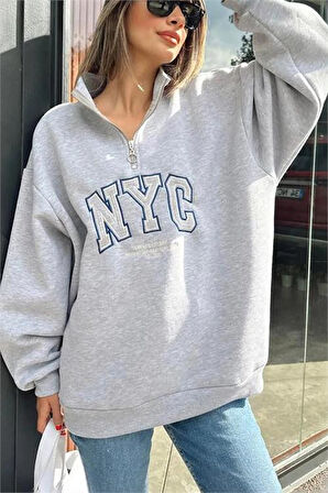 Dipmoda kadın gri içi polar nakışlı sweat DPG033