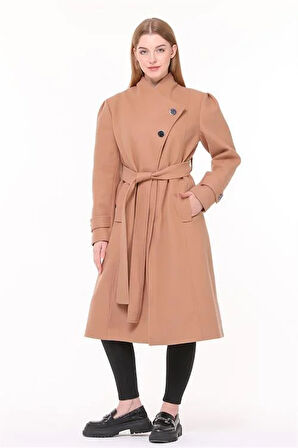 Dipmoda kadın midi oversize yün kaşe kaban DPPLTN03 - Camel