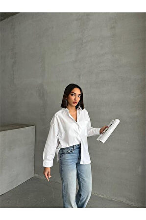 Dipmoda kadın oversize cep detaylı poplin gömlek DPG072