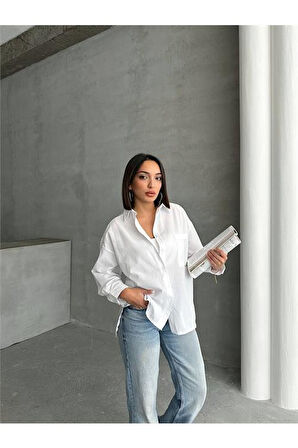 Dipmoda kadın oversize cep detaylı poplin gömlek DPG072