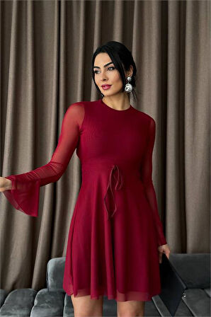 Dipmoda kadın sırt dekolteli tül mini elbise DPDF010