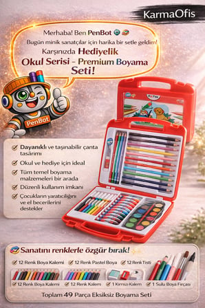 Hediyelik Okul Serisi 49 Parça Boyama Seti – Çantalı Sulu Boya, Pastel, Keçeli ve Kuru Boya Seti
