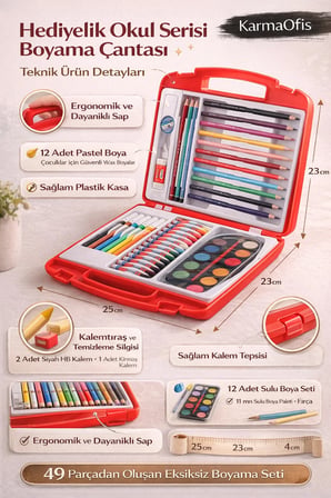 Hediyelik Okul Serisi 49 Parça Boyama Seti – Çantalı Sulu Boya, Pastel, Keçeli ve Kuru Boya Seti