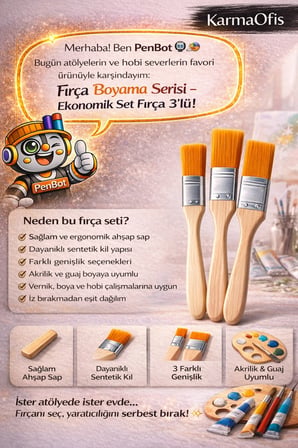 Ekonomik Set Fırça 3’lü – Düz Uçlu Ahşap Sap, Akrilik & Guaj Boya Uyumlu