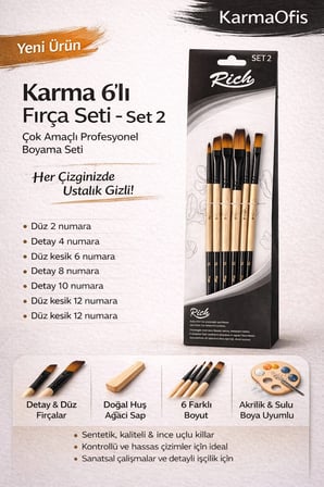 6’lı Karma Fırça Seti Set 2–Detay, Düz ve Düz Kesik Uçlu Profesyonel Boya Fırça (Akrilik&Sulu Boya)