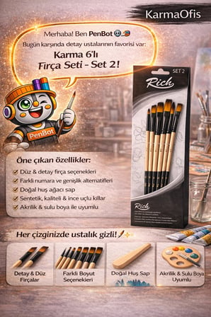 6’lı Karma Fırça Seti Set 2–Detay, Düz ve Düz Kesik Uçlu Profesyonel Boya Fırça (Akrilik&Sulu Boya)
