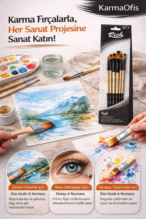 6’lı Karma Fırça Seti Set 2–Detay, Düz ve Düz Kesik Uçlu Profesyonel Boya Fırça (Akrilik&Sulu Boya)