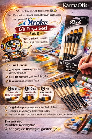6’lı Stroke Fırça Seti (Set 3)–Yan Kesik,Düz Kesik,Detay Fırçası|Akrilik&Guaj Uyumlu Profesyonel Set