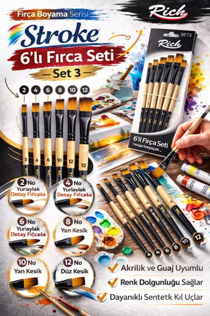 6’lı Stroke Fırça Seti (Set 3)–Yan Kesik,Düz Kesik,Detay Fırçası|Akrilik&Guaj Uyumlu Profesyonel Set