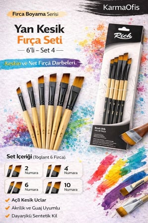 6’lı Yan Kesik Fırça Seti Set 4 – Açılı Uçlu Akrilik Boya Fırçası, Guaj&Hobi Uyumlu Profesyonel Set