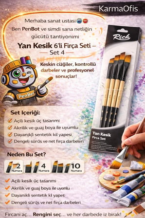 6’lı Yan Kesik Fırça Seti Set 4 – Açılı Uçlu Akrilik Boya Fırçası, Guaj&Hobi Uyumlu Profesyonel Set