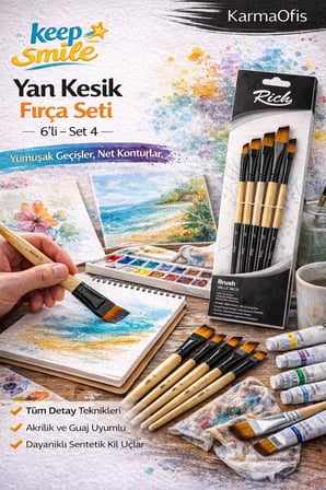 6’lı Yan Kesik Fırça Seti Set 4 – Açılı Uçlu Akrilik Boya Fırçası, Guaj&Hobi Uyumlu Profesyonel Set