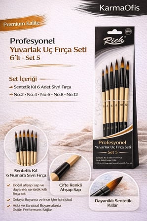 Profesyonel Yuvarlak Uç Fırça Seti 6’lı – Set 5|No 2-4-6-8-10-12 Sentetik Kıl Fırça