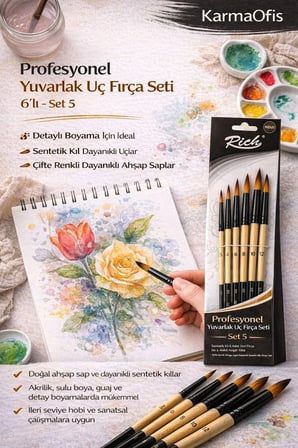 Profesyonel Yuvarlak Uç Fırça Seti 6’lı – Set 5|No 2-4-6-8-10-12 Sentetik Kıl Fırça